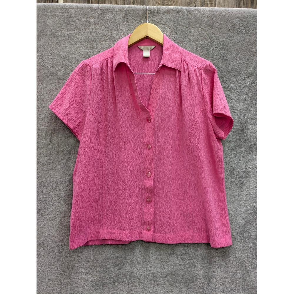 Barbiecore Button Up Blouse Womens L Pink Short Sleeve Textured Stretch Top